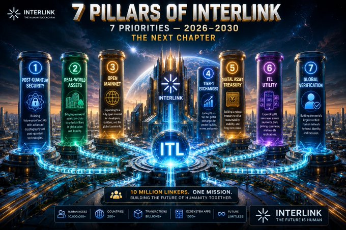 An infographic for 'INTERLINK' titled '7 PILLARS OF INTERLINK' detailing '7 PRIORITIES — 2026-2030', including Post-Quantum Security, Real-World Assets, Open Mainnet, Tier-1 Exchanges, Digital Asset Treasury, ITL Utility, and Global Verification, with metrics like '10 MILLION LINKERS' and 'COUNTRIES 200+'.