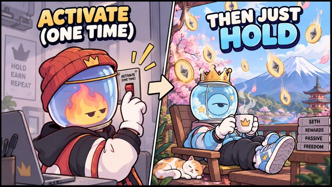 A split-panel cartoon contrasts a hustle-grind character tapping an "ACTIVATE (ONE TIME)" button (with "HOLD, EARN, REPEAT" on the wall) with a relaxed version of the same crowned figure sitting under cherry blossoms, sipping coffee as "SETH, REWARDS, PASSIVE, FREEDOM" coins rain down—visually capturing the "activate once, hold forever, earn daily" crypto passive income pitch.