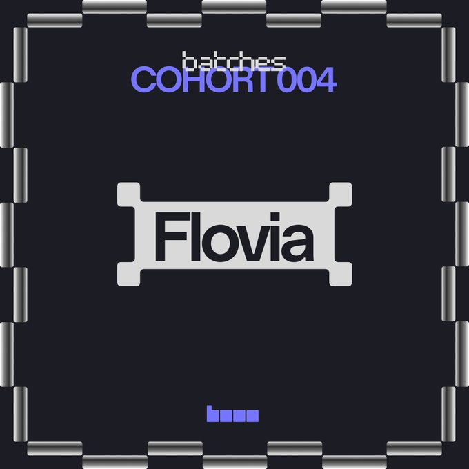 A dark graphic with metallic border details features the word "Flovia" inside a bone-shaped logo, with "batches COHORT 004" written in pixelated text above it.