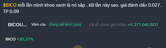 A Vietnamese-language trading platform screenshot discussing $BICO cryptocurrency, showing text about price movement ('môi lần mình khoe xanh là nó sập'), with a profit of +4,277.04 USDT and +20.37% gain displayed.