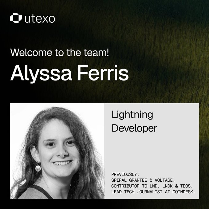 Utexo announces Alyssa Ferris (formerly @mehmehturtle of Spiral/Voltage) joining as a Lightning Developer to advance the RGB Lightning stack for USDT on Bitcoin.