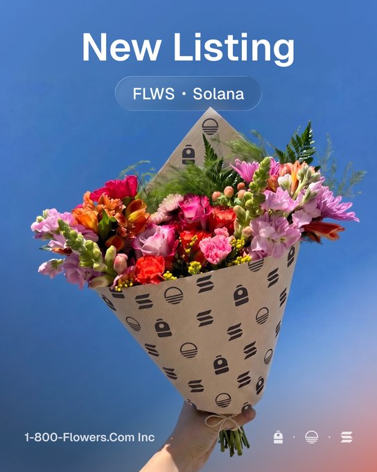 A promotional graphic announces a 'New Listing' for FLWS (1-800-Flowers.Com Inc) on Solana, featuring a hand holding a colorful floral bouquet against a blue sky.