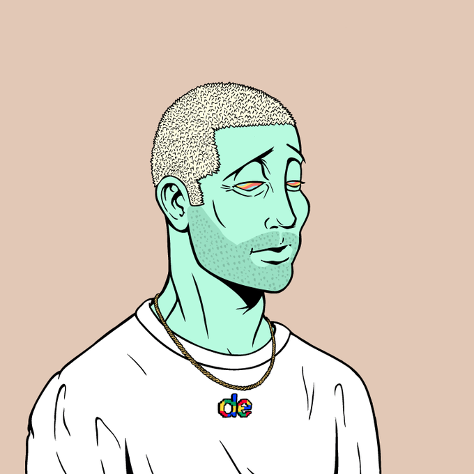 An illustrated portrait shows a man with greenish skin, short curly blonde hair, and a multicolored 'ice' pendant necklace, wearing a white t-shirt against a beige background.