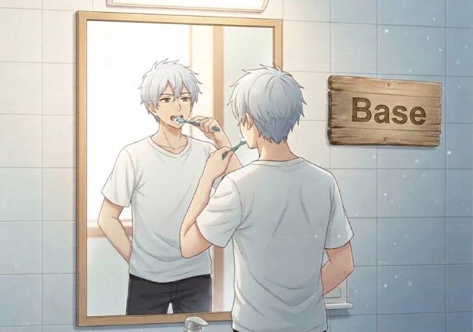 An anime-style illustration of a white-haired young man brushing his teeth while looking in a bathroom mirror, with a wooden sign reading 'Base' on the wall.