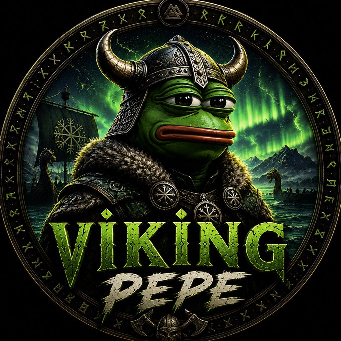 The image depicts a Pepe the Frog meme character dressed in Viking armor with a horned helmet, surrounded by Norse runes and aurora borealis imagery, with the text "VIKING PEPE." This matches the memecoin ticker $Vikingpepe (vikingpepe) being promoted in the post.