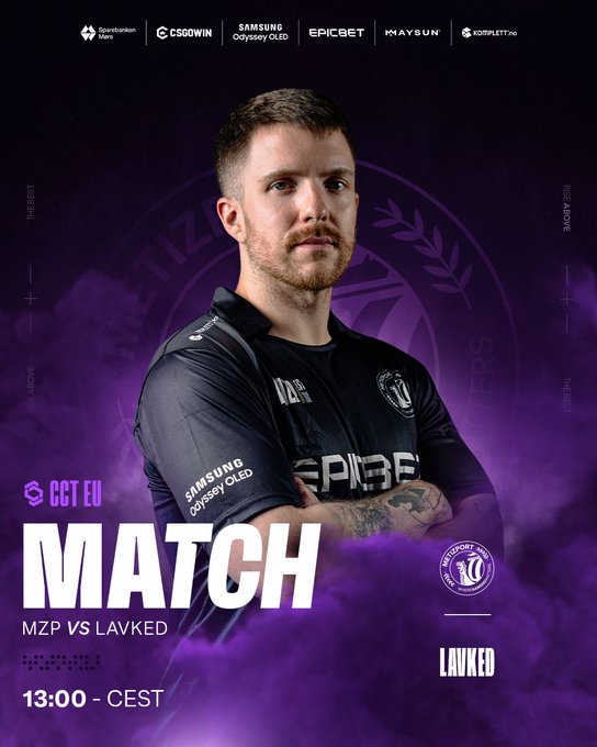A promotional esports match poster featuring player 'LAVKED' in an EPICBET jersey, advertising a match between MZP and LAVKED at 13:00 CEST, sponsored by Sparkassen, CSGOWIN, Samsung Odyssey OLED, Epicbet, Maysun, and Corbett.pro.
