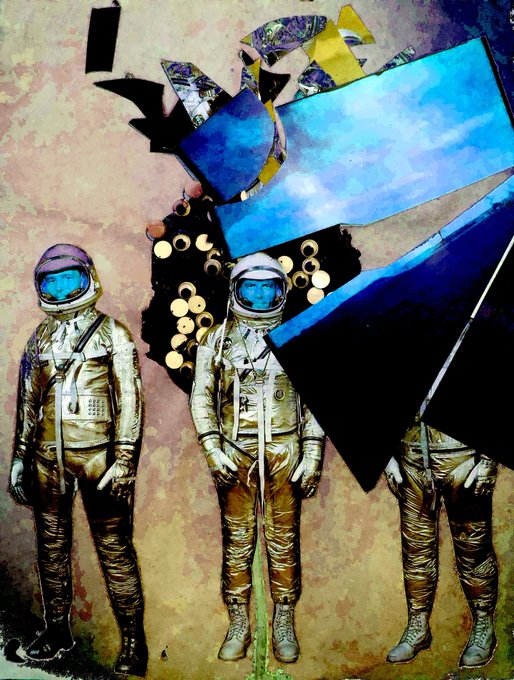 Two astronauts in vintage spacesuits stand against a weathered, golden backdrop, with fragmented mirror-like shards reflecting deep blue skies hovering above them—visually echoing the "mirror universe" theme of the NFT artwork, while the chain of golden discs and shattered reflections suggest rarity and the limited 1/33 edition mentioned in the post.