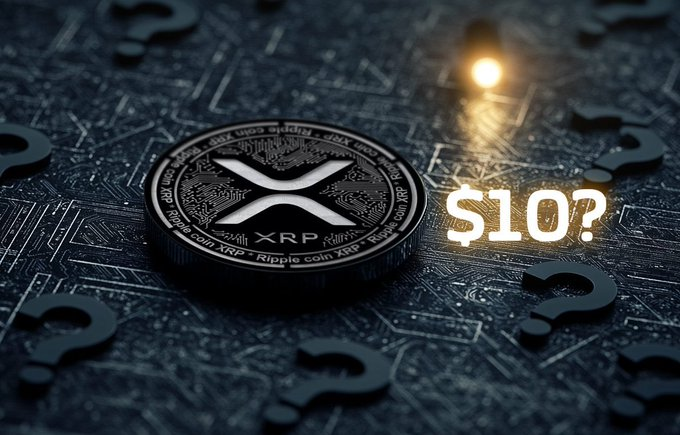 A promotional image featuring an XRP coin with the text '$10?' suggesting a future price target for Ripple.