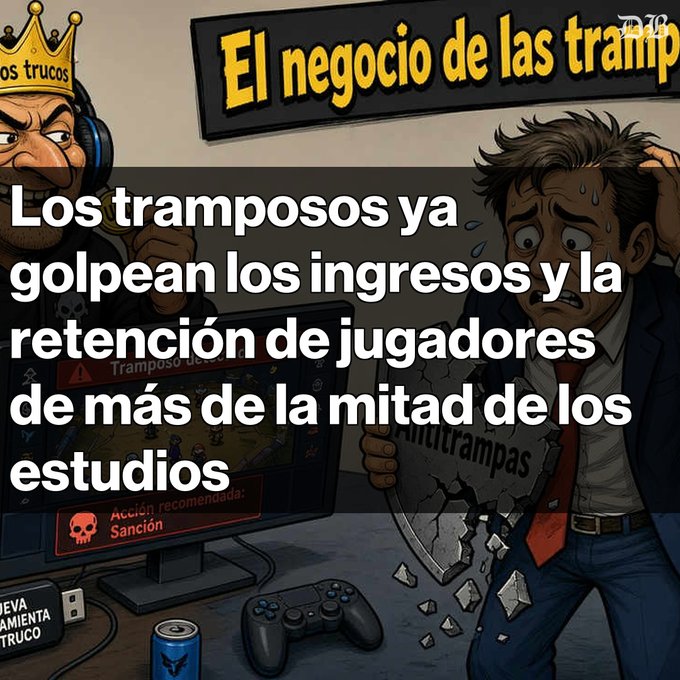A cartoon illustration of a sweating man in a suit holding a broken shield labeled 'Antitrampas' while another figure wears a crown, with Spanish text about cheaters impacting studios' revenue.