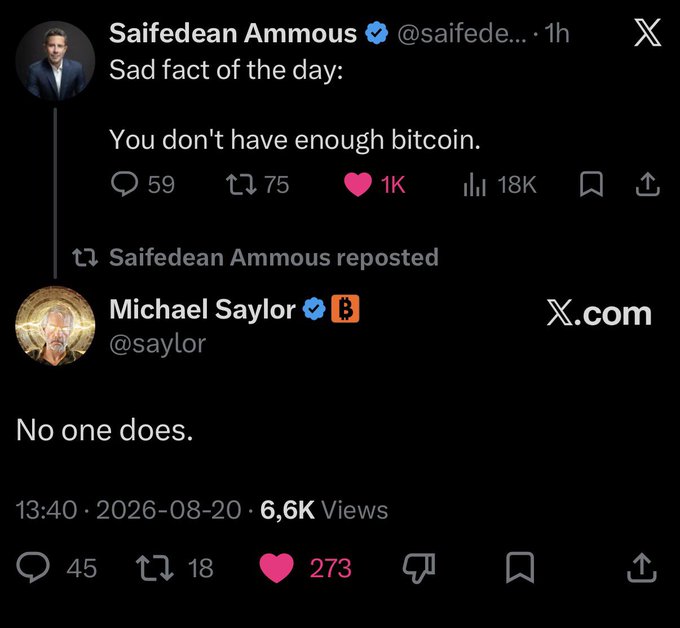 A screenshot of an X (Twitter) post by Saifedean Ammous reading 'Sad fact of the day: You don't have enough bitcoin,' quoting a repost by Michael Saylor (@saylor) responding 'No one does.'
