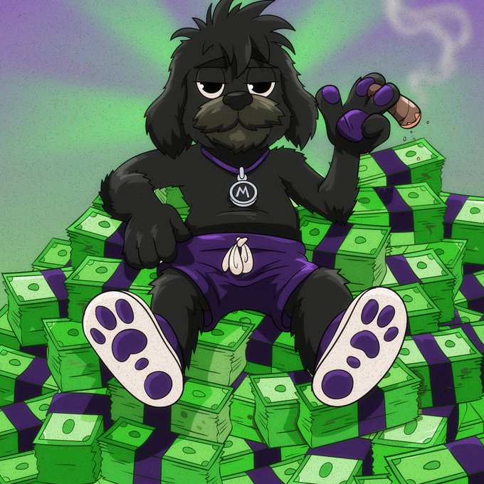 A cartoon black dog wearing a purple shirt sits atop a massive pile of green cash, casually holding up a paw displaying a coin stamped with "M." The "M" coin ties directly to the "$MYRO" ticker referenced in the post, symbolizing the wealth and millionaire status associated with holding the meme coin.