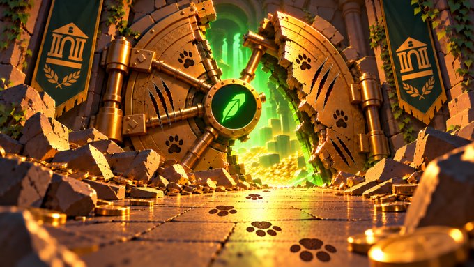 A fantasy scene showing a large ornate bronze door slightly ajar, revealing a glowing green chamber with a floating green gem, surrounded by scattered gold coins and paw prints on the stone floor.