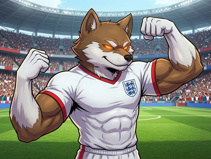 An anime-style illustration depicts a muscular anthropomorphic wolf with glowing orange eyes wearing an England football jersey, flexing its biceps in a crowded soccer stadium.