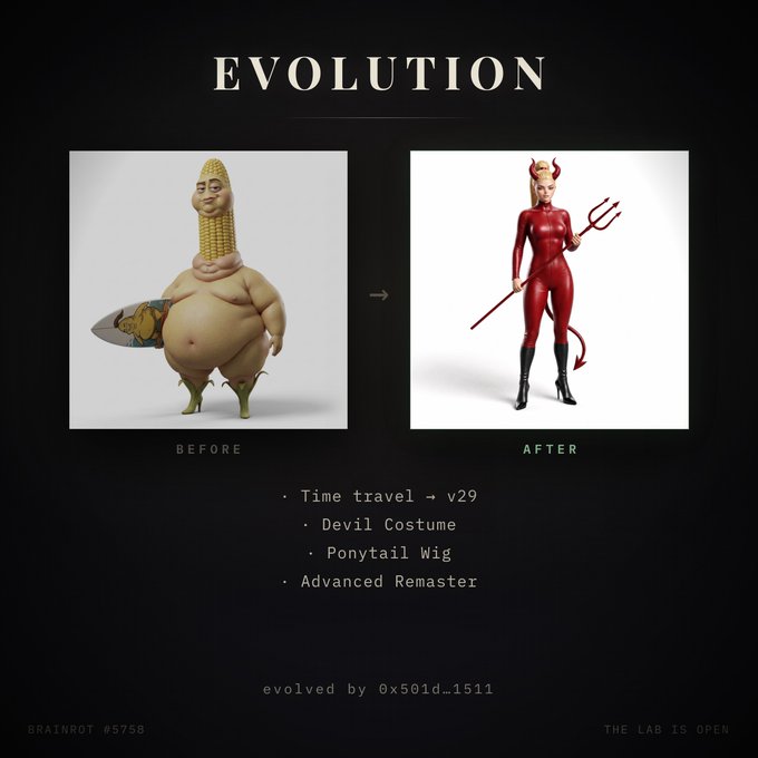 An 'EVOLUTION' graphic showing a 'BEFORE' image of a surreal corn-headed overweight character and an 'AFTER' image of a slender figure in a red devil costume with a trident, labeled 'BRAINROT #5758' and 'evolved by 0x501d…1511'.