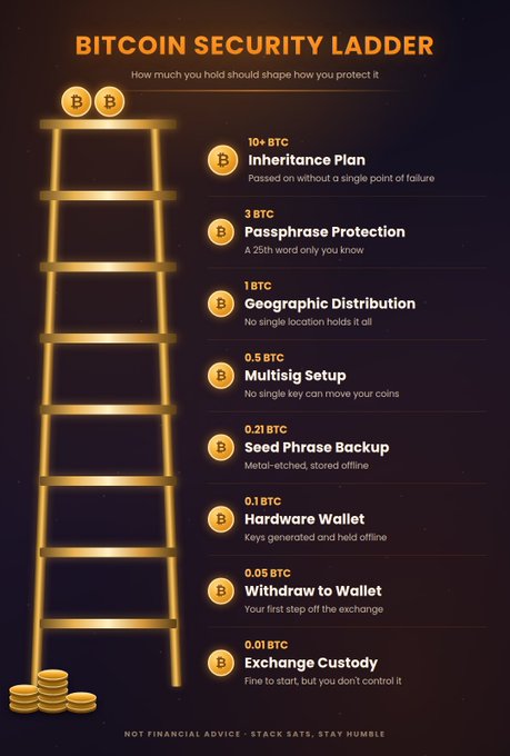 An infographic titled "BITCOIN SECURITY LADDER" outlines how much Bitcoin one should hold to justify various security measures, ranging from "0.01 BTC - Exchange Custody" up to "10+ BTC - Inheritance Plan."