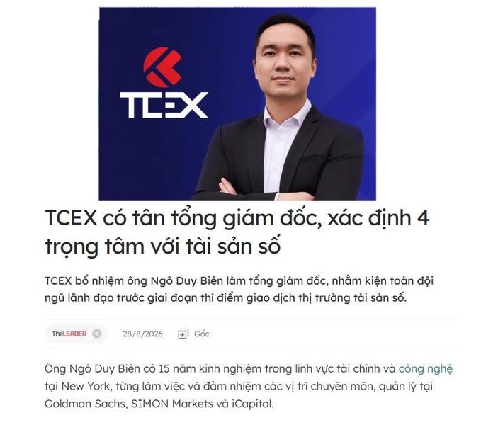 A news article in Vietnamese about TCEX appointing Mr. Ngo Duy Bien as general director, showing the TCEX logo and a portrait of a man in a dark suit against a blue background.