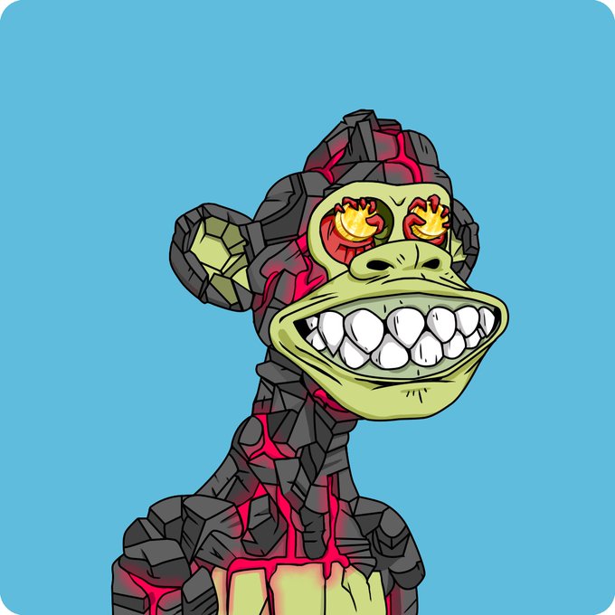 A stylized illustration of a chimpanzee with cracked, magma-like rock formations on its head and body, featuring flaming eyes and a toothy grin against a bright blue background. The aggressive, "diamond hands" aesthetic of the ape character complements the post's sentiment about holding onto the "4T" piece for the long term.