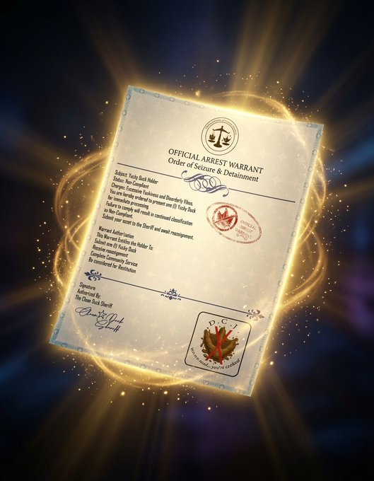 The image features a document that appears to be an official warrant or order of some sort. The document has a signature from someone named "BRITA" at the bottom, indicating its authenticity. The background of the image is dark blue with bright yellow rays shining through, creating a dramatic effect and making the document stand out prominently.