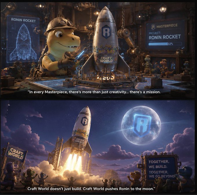 The image features a charming crocodile character in a workshop, overseeing the construction of a "Ronin Rocket" displayed at 62% completion on a digital screen, followed by a dramatic nighttime launch scene where the rocket lifts off toward a moon emblazoned with the "R" Ronin logo. The captions "In every Masterpiece, there's more than just creativity... there's a mission" and "Craft World doesn't just build. Craft World pushes Ronin to the moon" visually reinforce the post's message about Craftworld bringing the Ronin Network to the moon.