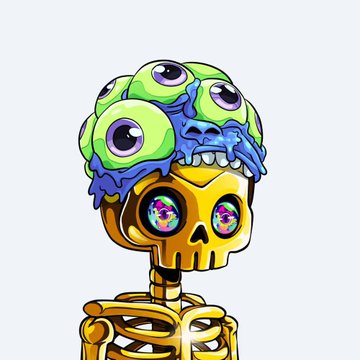 A stylized digital illustration of a yellow skeleton with glowing multicolored eyes, whose brain has been replaced by a cluster of three large, green-eyed, drooling creatures.