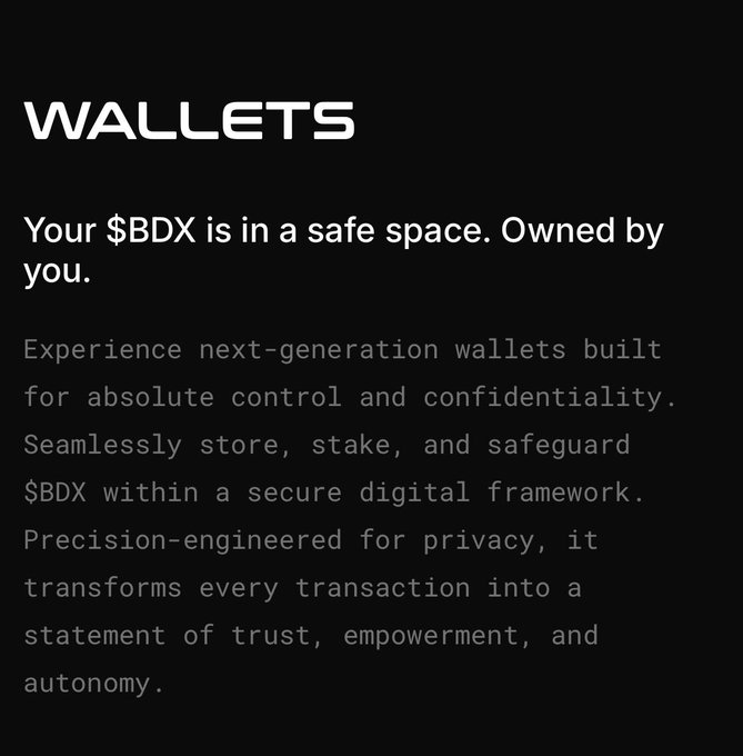 A dark-themed promotional graphic titled 'WALLETS' reads 'Your $BDX is in a safe space. Owned by you.' and describes next-generation wallets for storing, staking, and safeguarding $BDX with privacy and autonomy.