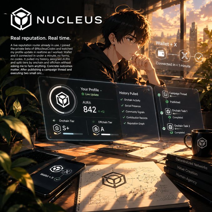 Promotional graphic for 'NUCLEUS' featuring an anime-style character at a desk with overlaid UI elements showing 'AURA 842', 'Wallet + X', 'Connected in < 1 minute', and labels like 'Decentralized Networks', 'Value Creation', 'Human Agency'.