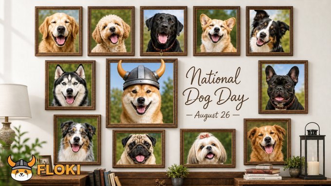 The image showcases a decorative gallery wall of framed dog portraits celebrating National Dog Day on August 26, with the central frame featuring a Shiba Inu wearing a Viking helmet—directly answering the post's playful question by highlighting the Shiba Inu as the featured breed. The "FLOKI" logo in the bottom corner ties the meme coin branding to the celebration, capitalizing on the Viking-themed Shiba mascot.