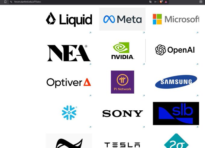 A web browser screenshot of Stanford University's affiliates page showing corporate logos in a grid, including Liquid, Meta, Microsoft, NEA, NVIDIA, OpenAI, Optiver, Pi Network, Samsung, Snowflake, Sony, SLB, and Tesla.
