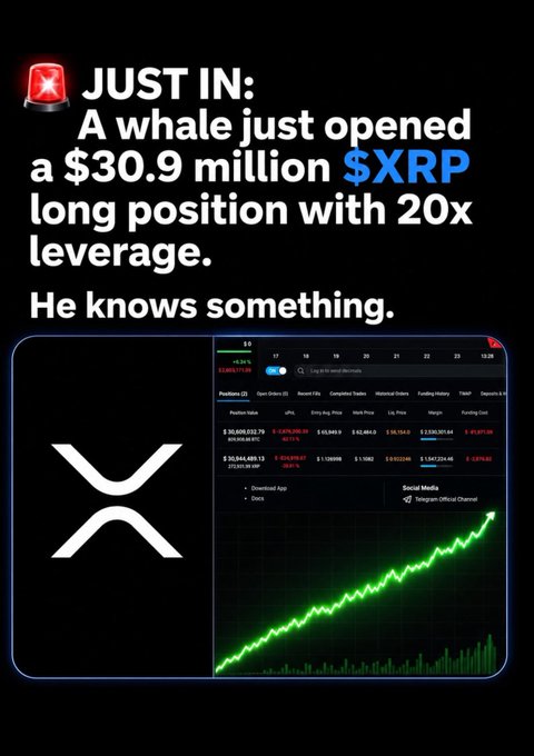 A graphic with a red siren light stating 'JUST IN A whale just opened a $30.9 million $XRP long position with 20x leverage. He knows something,' displayed alongside the XRP logo and a trading chart showing a green upward trend.