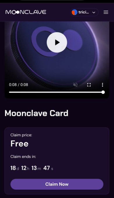 A mobile screenshot of the Moonclave website showing a free Moonclave Card claim with a countdown timer of 18 days, 12 hours, 13 minutes.