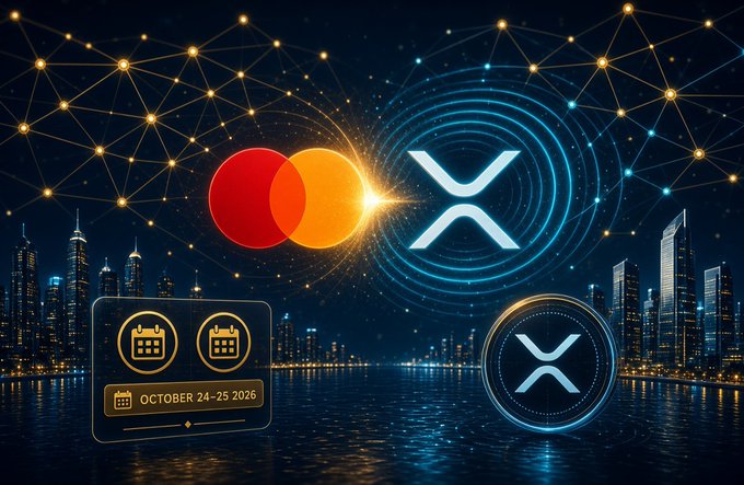 Mastercard and XRP logos illuminate over a glowing city skyline, promoting Mastercard's sponsorship of the XRPL Hackathon on October 24–25, 2026. The image visually reinforces the post's message about Mastercard's deepening involvement in the Ripple and XRP Ledger ecosystem.