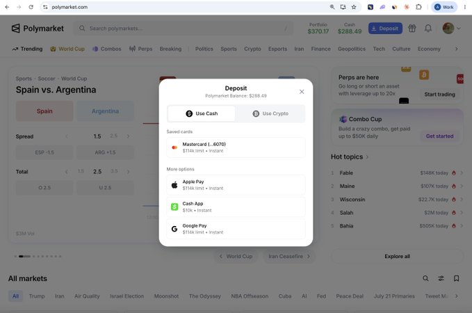 The image shows the Polymarket website with a deposit pop-up displaying options like Mastercard ($154k limit), Apple Pay ($154k limit), Cash App ($15k limit), and Google Pay ($15k limit), alongside a "Spain vs. Argentina" World Cup market. This visually illustrates the post's claim about Polymarket's unified deposit solution, highlighting the high payment limits available directly through their platform rather than relying on external on-ramp aggregators.