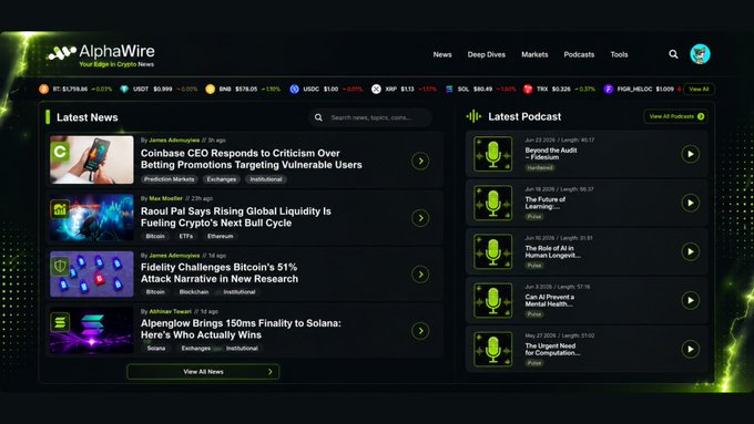 The AlphaWire website homepage featuring latest crypto news headlines including Coinbase CEO responses, Raoul Pal's liquidity comments, Fidelity's Bitcoin research, and Alpenglow's Solana news, alongside a podcast section.