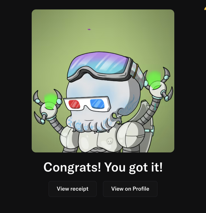 A cartoon robot character wearing 3D glasses and ski goggles on a green background appears above the text "Congrats! You got it!" with buttons for "View receipt" and "View on Profile," indicating a successful NFT purchase notification that ties into the post about scooping up INX tokens from the market floor.