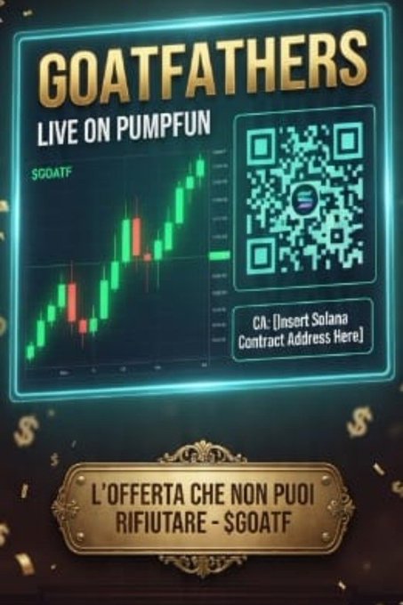 Promotional graphic for 'GOATFATHERS LIVE ON PUMP.FUN' ($GOATF), showing a green bullish candlestick chart, a QR code, a placeholder for a Solana contract address, and the Italian text 'L'OFFERTA CHE NON PUOI RIFIUTARE - $GOATF'.