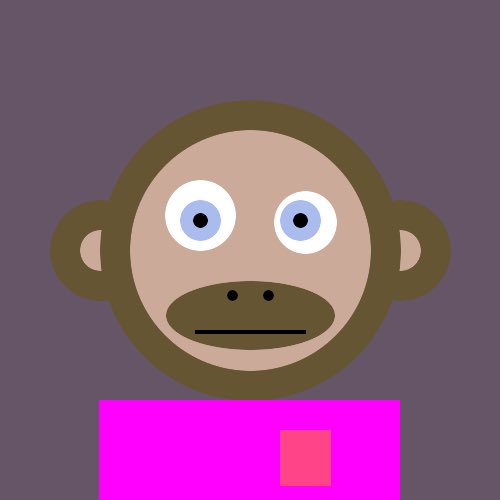 A flat illustration of a brown monkey face with blue eyes and a pink body on a purple background.