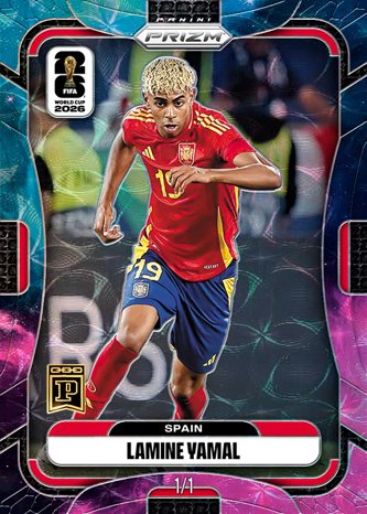 A 2026 Panini Prizm World Cup Soccer trading card featuring Spain's Lamine Yamal, with text identifying him as Spain's #19 and a "1/1" designation at the bottom, alongside the Panini logo and Spain's national colors. The card represents the record-breaking $210,000 NFT sale (133.55 ETH) highlighted in the post, showcasing Yamal in his red Spain kit in an action pose.