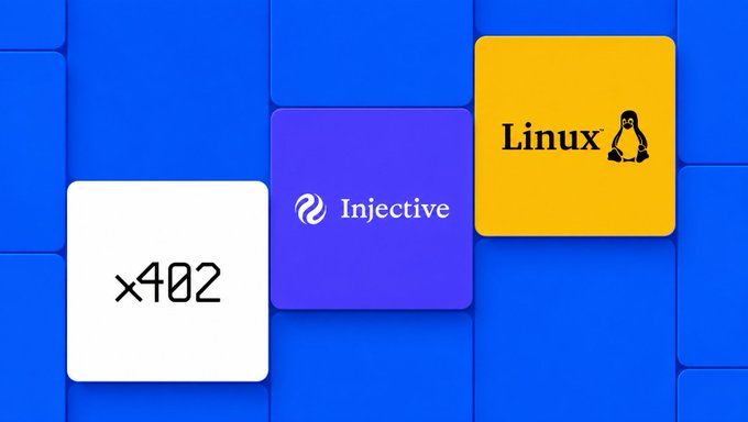 Three square tiles on a blue tiled background showing 'x402', 'Injective', and 'Linux' with the Tux penguin logo.