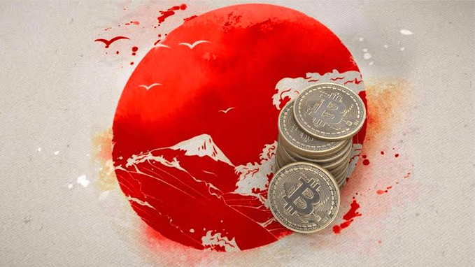 A stack of Bitcoin coins is superimposed over a traditional Japanese art depicting a red sun and Mount Fuji, symbolizing Japan's potential adoption of blockchain technology for financial settlements.