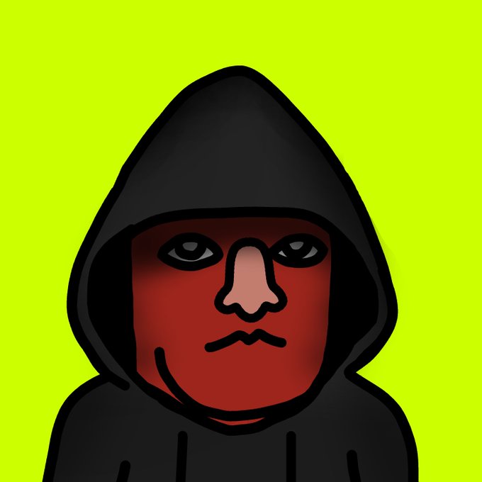 A cartoon-style illustration of a hooded figure with a red-toned face and somber expression, set against a bright yellow background—appearing to be a profile picture for an OpenSea NFT collection.