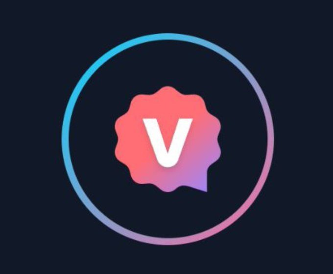 A digital logo featuring a white 'V' inside a pink-to-red gradient badge, surrounded by a cyan-to-pink gradient circular border on a dark background.