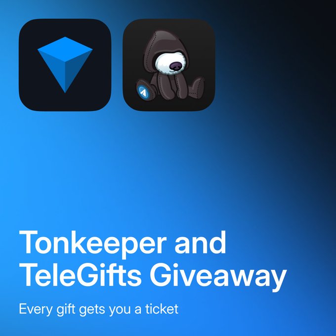 The image features a blue background with two icons - a cartoon bear sitting down and a diamond shape, both of which are black. The text "Tonkeeper and TeleGifts Giveaway" is written below these icons. This suggests that there might be an event or promotion related to the use of telecommunication services for gift-giving purposes.