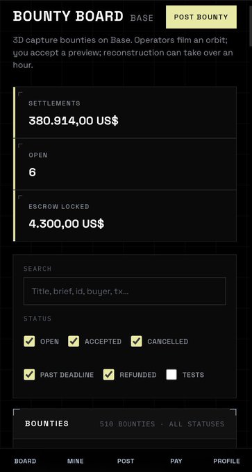 A mobile app interface for a 'BOUNTY BOARD' on Base, showing 'SETTLEMENTS' of '380.914,00 US$', 'OPEN' count of '6', 'ESCROW LOCKED' of '4.300,00 US$', and various filter checkboxes.