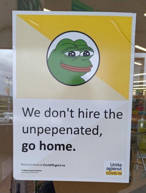 A New Zealand COVID-19 public health poster featuring Pepe the Frog with the text 'We don't hire the unpepenated, go home.' and 'Unite against COVID-19'.