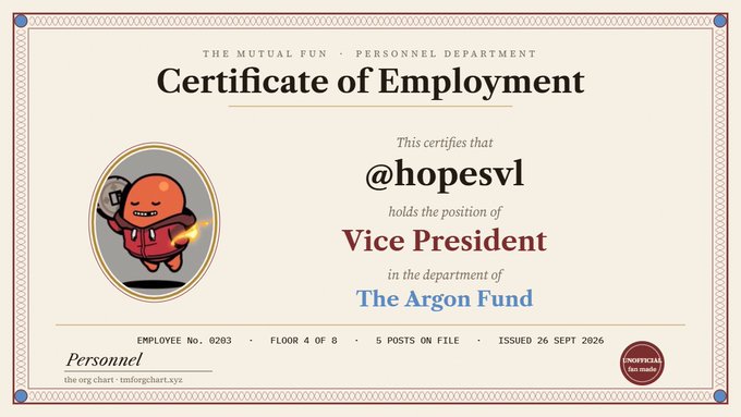 A 'Certificate of Employment' from 'THE MUTUAL FUN · PERSONNEL DEPARTMENT' certifying '@hopesvl' as Vice President in 'The Argon Fund', issued 26 Sept 2026.