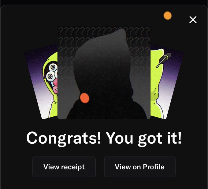 A hooded figure card flip animation reveals "Congrats! You got it!" with options to "View receipt" or "View on Profile," celebrating a successful public mint of the Hooded NFT collection on OpenSea. The silhouette with question marks represents the mystery character being unlocked by the user.