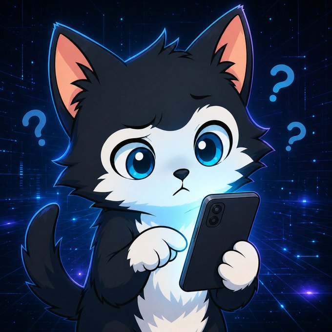 A cartoon black and white cat with large blue eyes looks confused while holding a smartphone, surrounded by floating question marks against a digital blue background.