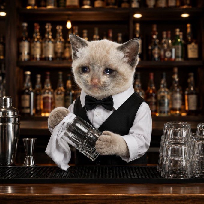 A small kitten dressed as a bartender in a white shirt, black vest, and bowtie, polishing a glass behind a bar with bottles in the background.