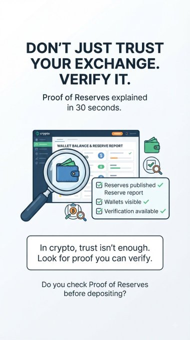 A promotional graphic titled 'DON'T JUST TRUST YOUR EXCHANGE. VERIFY IT.' explaining Proof of Reserves in crypto, featuring an illustration of a magnifying glass over a 'WALLET BALANCE & RESERVE REPORT' with checkmarks for published reserves, visible wallets, and verification available.