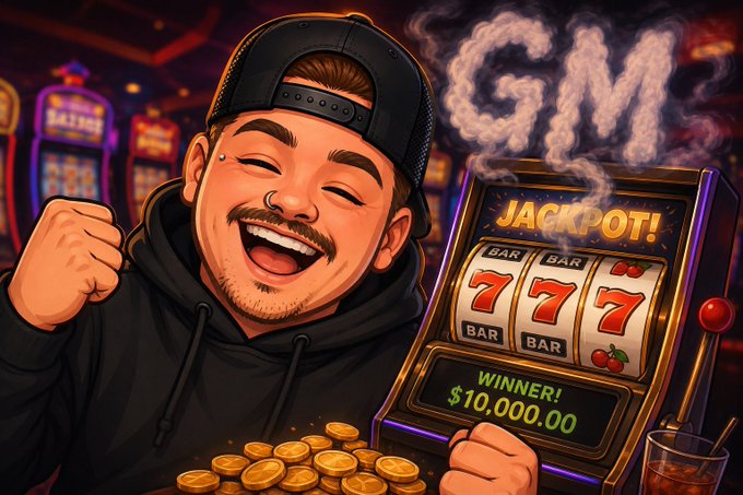 A cartoon-style illustration of a man with a backward cap cheering next to a slot machine displaying 'JACKPOT! 777' with 'WINNER! $10,000.00' and gold coins piled at the bottom.